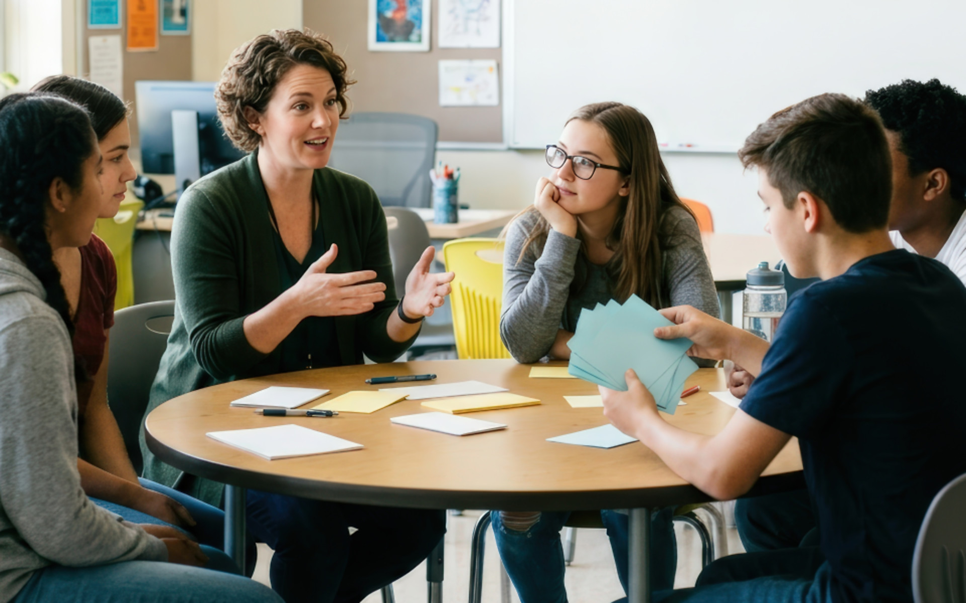 School counselor facilitating group discussion with teenagers in classroom