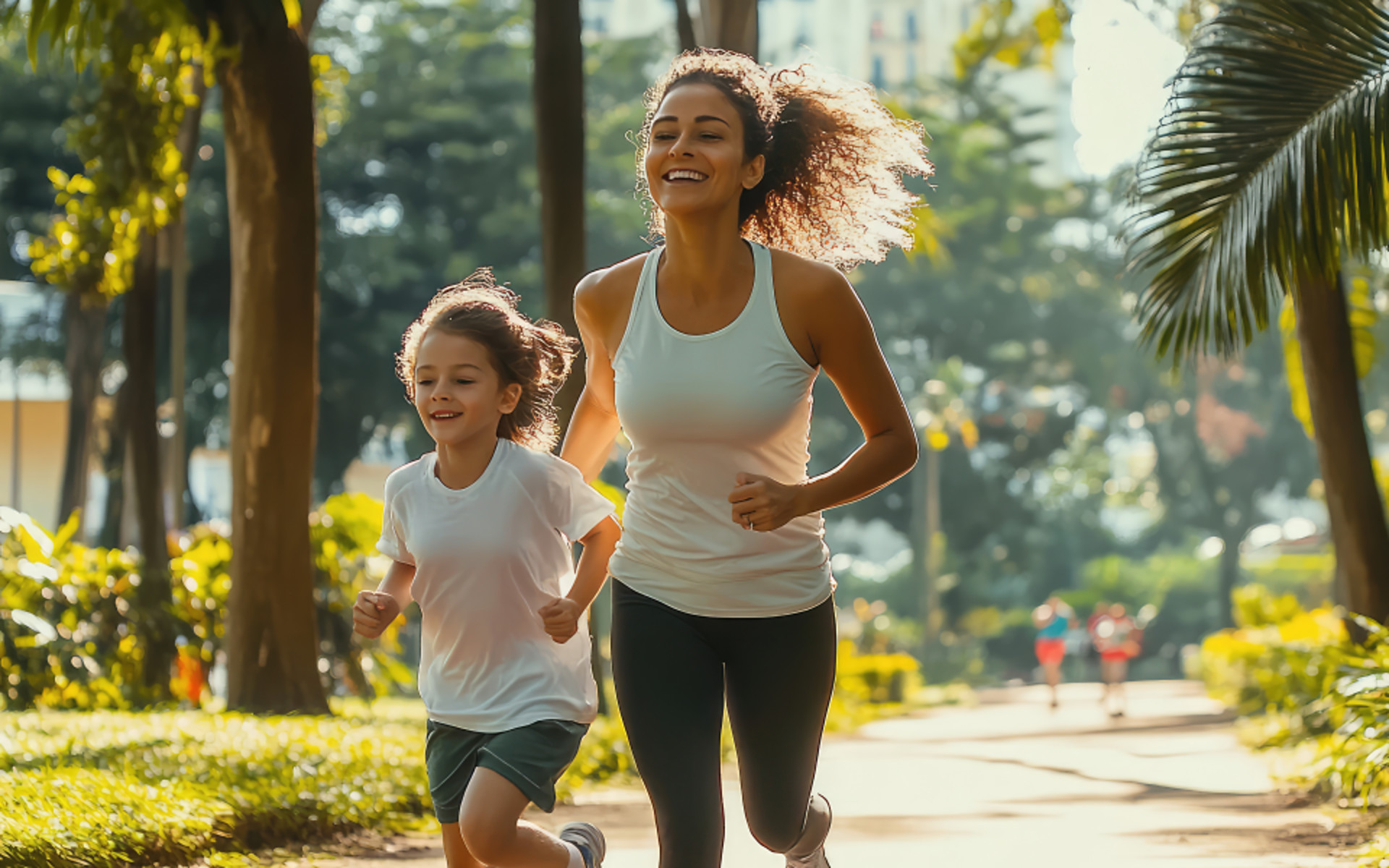 Woman running with girl in the park