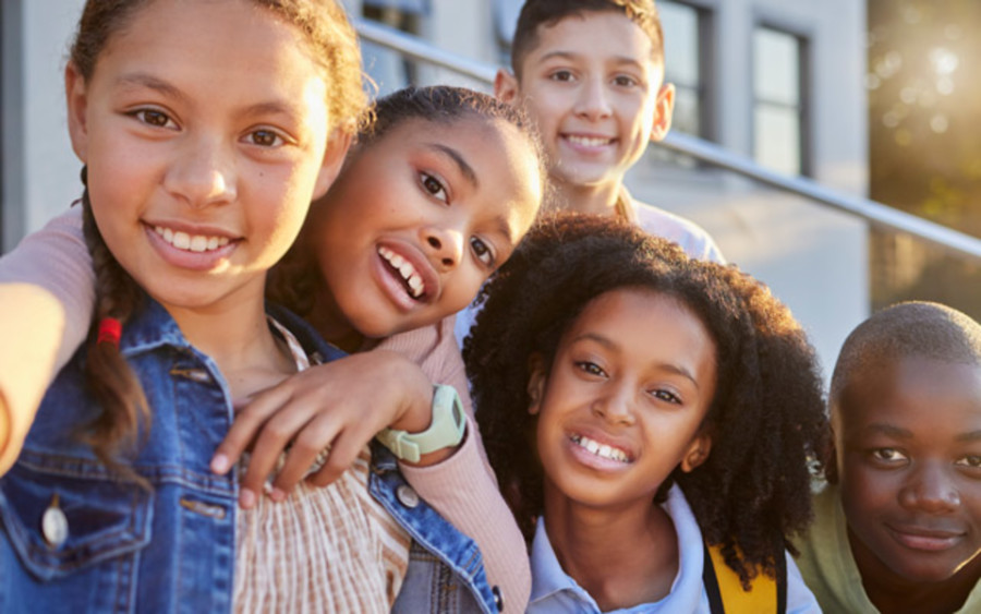 Kids taking group selfie