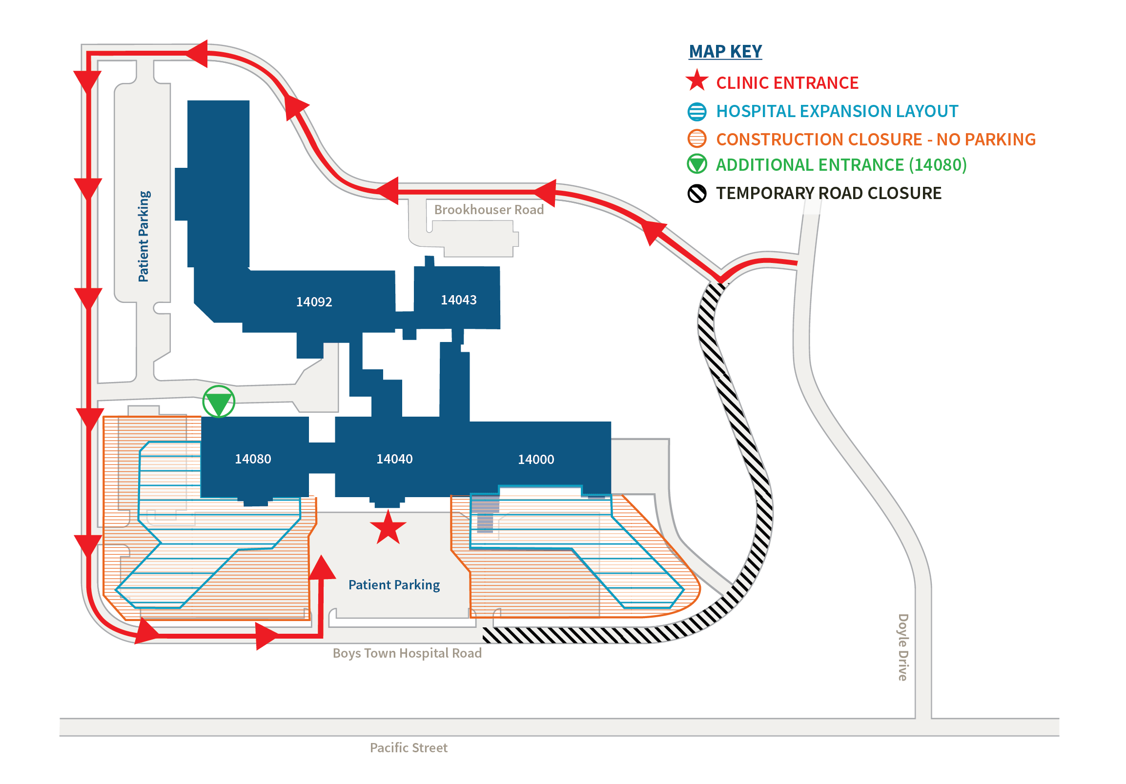 Map showing road closures and directions for parking